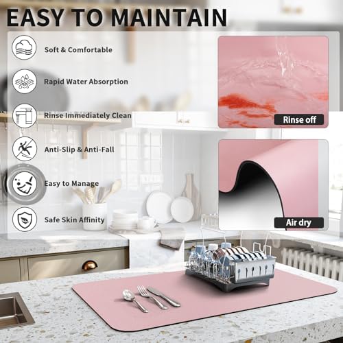 HotLive Dish Drying Mat for Kitchen Counter, Heat Resistant Drainer Mats with Non-slip Rubber Backed, Hide Stain Kitchen Super Absorbent Draining Mat, Easy to Clean Dish Rack Pad, Pink 18"x28" - Image 4