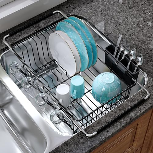 JASIWAY Black Dish Drying Rack in Sink, Dish Drainer with Utensil Holder by JASIWAY