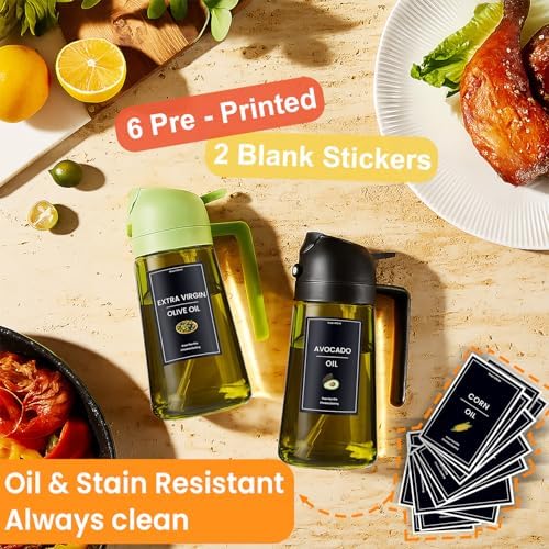 CXINYI - 16oz/470ml Olive Oil Dispenser for Kitchen with Stickers - 2 in 1 Olive Oil Sprayer for Cooking, Air Fryer, and Salad, White (Light-Proof Kitchen Gadget) - Image 2