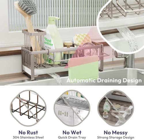 SWTYMIKI Sponge Holder for Kitchen Sink - Sink Caddy with Brush Holder Self-draining Sponge Caddy Organizer with Divider Stainless Steel Kitchen Accessories Storage for Countertop, Sand Nickel - Image 6