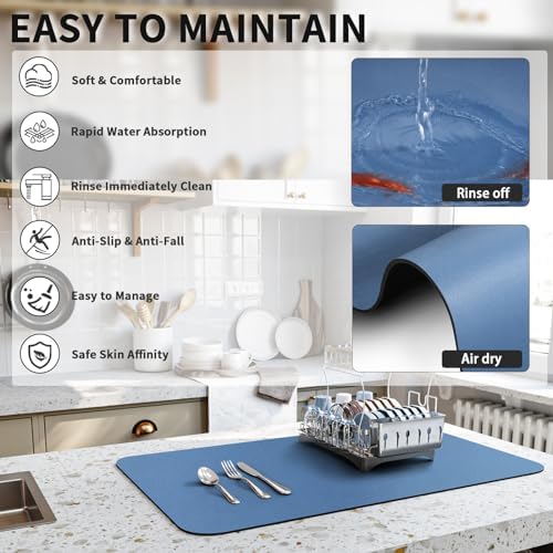 HotLive Dish Drying Mat for Kitchen Counter, Heat Resistant Drainer Mats with Non-slip Rubber Backed, Hide Stain Kitchen Super Absorbent Draining Mat, Easy to Clean Dish Rack Pad, Blue 16"x20" - Image 4