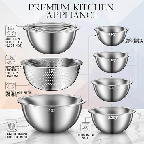 DUTZUN Kitchen Gadgets, Stainless Steel Mixing Bowls & Colander Strainer - Image 2