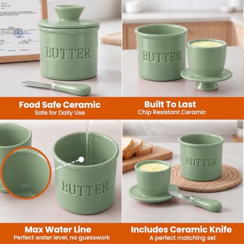 Priority Chef Large Butter Crock with Lid with Water Line, Ceramic French Butter Dish to Leave On Counter, Sage - Image 6