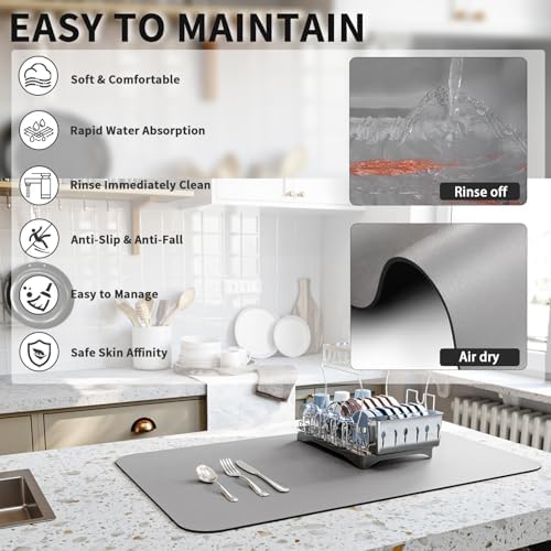 HotLive Dish Drying Mat for Kitchen Counter, Heat Resistant Drainer Mats with Non-slip Rubber Backed, Hide Stain Kitchen Super Absorbent Draining Mat, Easy to Clean Dish Rack Pad, Grey 18"x24" - Image 4