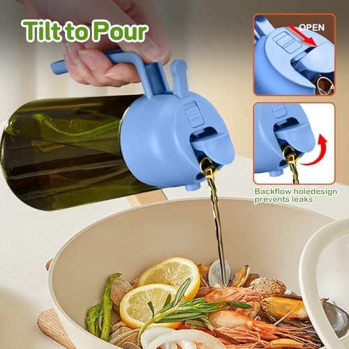 YARRAMATE 16oz/470ml Dark Green Oil Sprayer for Cooking with Stickers, Food-grade Premium 2 in 1 Olive Oil Dispenser Bottle for Kitchen Gadgets, Air Fryer, Salad, Frying, BBQ (SkyBlue) - Image 6