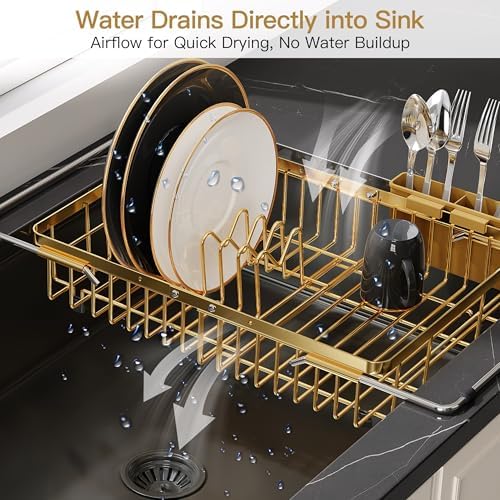 JASIWAY Gold Dish Drying Rack Over the Sink with Utensil Holder - Image 6