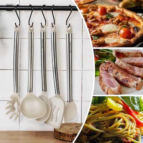 Kitchen Utensil Set-Silicone Cooking Utensils-33 Kitchen Gadgets & Spoons for Nonstick Cookware-Silicone and Stainless Steel Spatula Set-Best Kitchen Tools, Useful Pots (Khaki) - Image 4