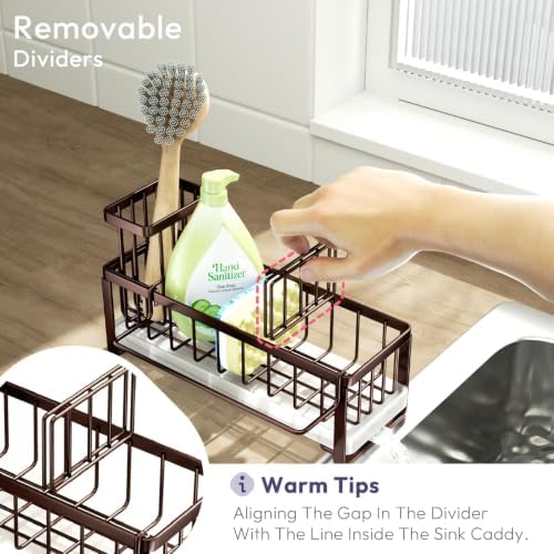 SWTYMIKI Sponge Holder for Kitchen Sink - Sink Caddy with Brush Holder Self-draining Sponge Caddy Organizer with Divider Stainless Steel Kitchen Accessories Storage for Countertop, Bronze - Image 4