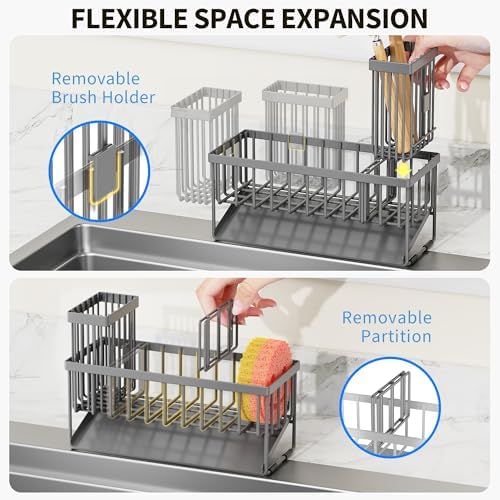 Cisily Sink Caddy Organzier with High Brush Holder, Sponge Holder for Sink, 304 Rustproof Stainless, Kitchen Countertop Soap Dispenser Organizer, Dark Gray Kitchen Decor and Accessories - Image 4