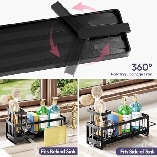 SWTYMIKI Sponge Holder for Kitchen Sink - Sink Caddy with Brush Holder Self-draining Sponge Caddy Organizer with Divider Stainless Steel Kitchen Accessories Storage for Countertop, Black - Large - Image 2