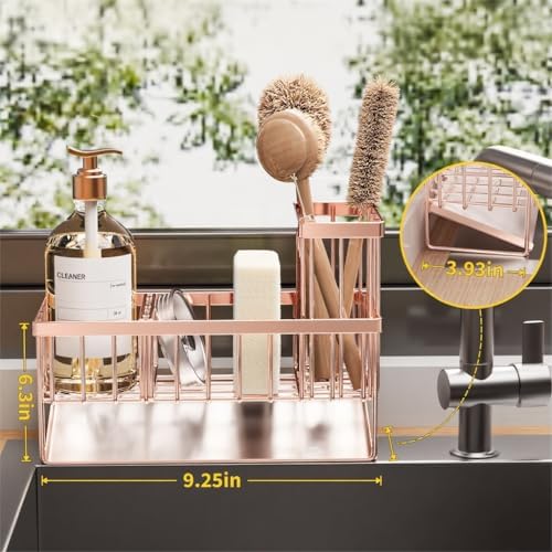 Cisily Sink Caddy Organzier with High Brush Holder, Sponge Holder for Sink, 304 Rustproof Stainless, Kitchen Countertop Soap Dispenser Organizer, Rose Gold Kitchen Decor and Accessories - Image 5