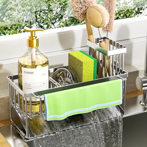 Cisily Kitchen Sink Caddy Organzier with High Brush Holder, Sponge Holder for Sink, 304 Rustproof Stainless, Kitchen Countertop Soap Dispenser Organizer (Silver With Towel Rack, 9.25″) by CISILYHOMELIFE