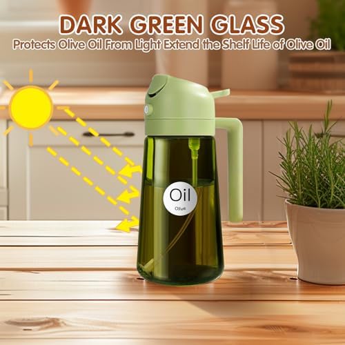 YARRAMATE 16oz/470ml Light Blocking Oil Sprayer for Cooking with Stickers, Food-Grade 2 in 1 Olive Oil Dispenser Bottle for Kitchen, Premium Dark Green Glass Oil Bottle for Air Fryer, BBQ (Green) - Image 2