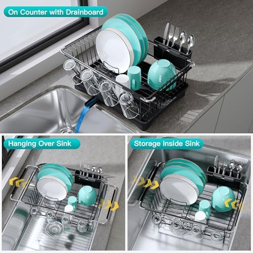 JASIWAY Black Dish Drying Rack in Sink with Drainboard and Utensil Holder - Image 2