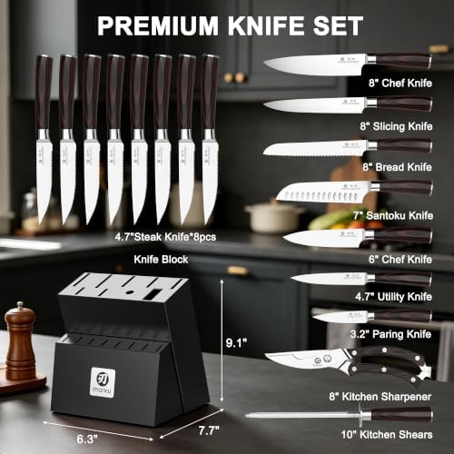 imarku 18-Piece Japanese Santoku Stainless Steel Knife Set with Block - Image 3