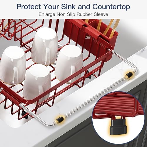 JASIWAY Red Dish Drying Rack Over the Sink with Utensil Holder - Image 7