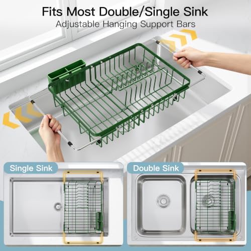 JASIWAY Green Dish Drying Rack Over the Sink with Utensil Holder - Image 3