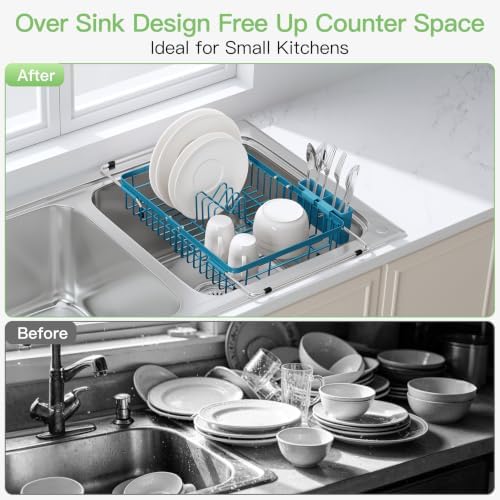 JASIWAY Blue Dish Drying Rack Over the Sink with Utensil Holder - Image 2