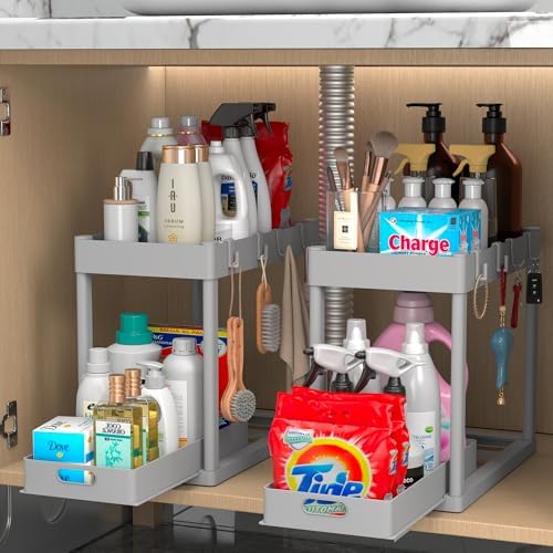 2PC Under Sink Organizer Rack 2 Tier Under Sliding Cabinet Basket Organizer Drawer with 4 Hooks, Multi-purpose Under Sink Storage for Bathroom Kitchen Desktop（Grey） by Pougny