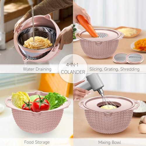 4-1 Colander with Bowl & Spoons Set - Food Strainer with New Upgraded Graters & Spoons - Colanders for kitchen(Patented) - Strainer for Fruit Pasta Veggie, Funny Presents for Women, Pink - Image 2