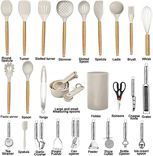 Kitchen Utensils Set- 35 PCs Cooking Utensils with Grater,Tongs, Spoon Spatula &Turner Made of Heat Resistant Food Grade Silicone and Wooden Handles Kitchen Gadgets Tools Set for Nonstick Cookware - Image 2