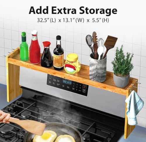 IIIOIIIA Bamboo Over the Stove Spice Shelf for Kitchen, 31.5" Spice Rack Organizer Shelf with 6 hooks, 11.4" Height Extra Storage Countertop, Easy to Assemble - Image 2