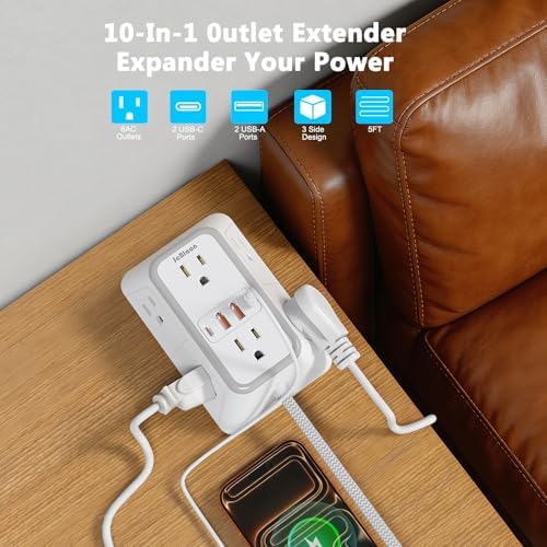 Power Strip Extension Cord - 6 Outlets and 4 USB (2 USB C), 5FT Braided Cord with Ultra Thin Flat Plug, 3 Side Outlet Extender with Overload Protection, Travel, Cruise Ship, Dorm Room Essentials-ETL - Image 2