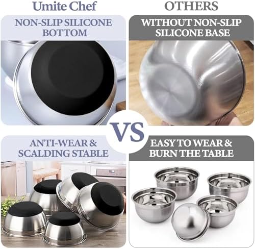Umite Chef Mixing Bowls with Airtight Lids Set, 8PCS Stainless Steel Nesting Bowls Set, 3 Grater Attachments & Non-Slip Bottoms, Size 5, 4, 3.5, 2, 1.5QT for Baking & Mixing(Black) - Image 4
