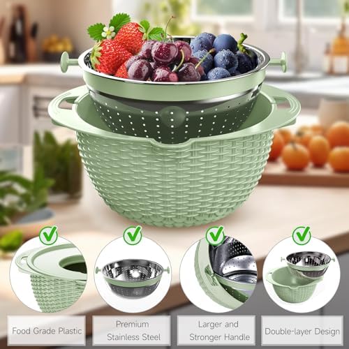 4-1 Strainer with Bowl & Spoons Set - Strainers and Colanders - Colanders for kitchen(Patented) - Pasta Strainer with Upgraded Graters & Spoons for Fruit Veggie Kitchen Essentials, Green - Image 6