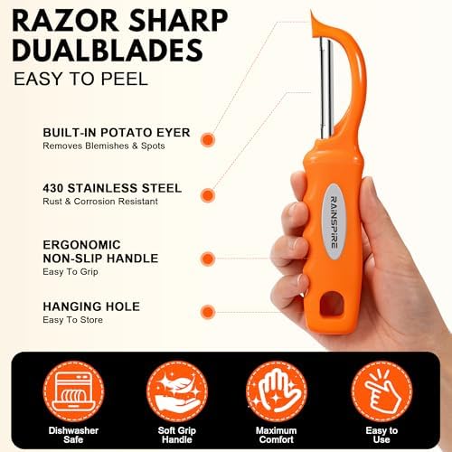 Rainspire Vegetable Peeler Potato Peelers for Kitchen, Sharp Stainless Steel Blades Veggie, Comfortable Handle Fruit Peeler, Carrot Peeler Apple Peeler Dishwasher Safe (2, Orange) - Image 6