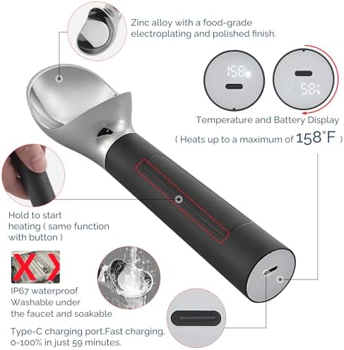 Heated Ice Cream Scoop Rechargeable, Electric Warming Ice Cream Scooper with LED Display, Heats to 158°F for Hard Ice Cream, Easy for Seniors & Kids, IP67 Waterproof (Black, 2 oz) - Image 3