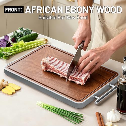 Titanium Cutting Boards For Kitchen,Ebony Wood Cutting Board,Double Sided Metal Chopping Board With Handle And Juice Groove, Idea Kitchen Appliances For Meat And Charcuterie - Image 3