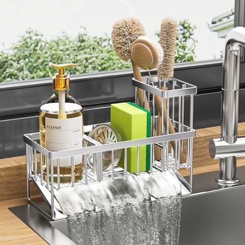 Cisily Sink Caddy Sponge Holder for Kitchen, 304 Stainless Steel Rustproof, Kitchen Sink Caddy with High Brush Holder, Dish Sponge Organizer with Divider(Silver) - Image 6