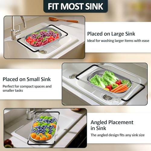 Over the Sink Colander - Strainers and Colanders - Sink Strainer Basket - Expandable Fine Mesh Strainer with Rubber Grip for Veggie, Fruits, Pasta, Home Kitchen Essentials (9.5W x 13.4-21.3L x 3.3H) - Image 5