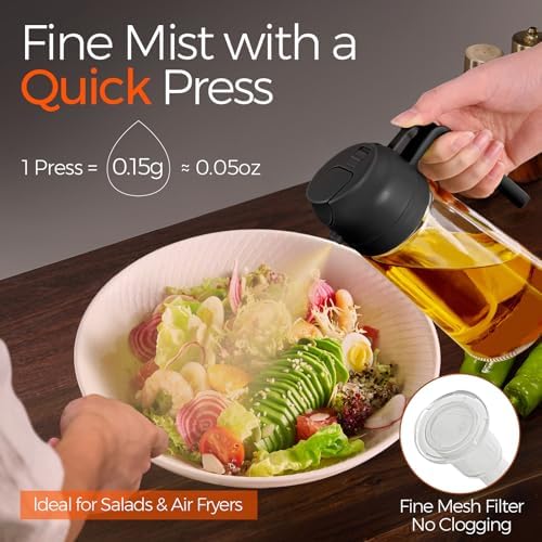 YARRAMATE Olive Oil Dispenser, 2 in 1 Oil Sprayer for Cooking, 16oz/470ml Glass Oil Spray Bottle with Pourer, Food-grade Oil Dispenser and Oil Sprayer for Kitchen, Salad, Frying, BBQ (Black & Green) - Image 3