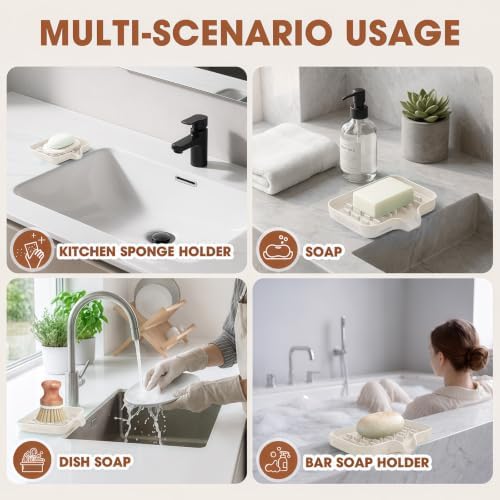 CAKETIME 2 Pack Silicone Soap Dish with Drainage Holes for Bathroom Shower Caddy Kitchen Counter in-Sink Sponge Holder Dispenser Countertop Accessories Home Practical Daily Household Stuff Beige - Image 5