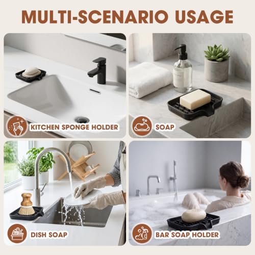 CAKETIME 2 Pack Silicone Soap Dish with Drainage Holes for Bathroom Shower Caddy Kitchen Counter Sponge Holder Bar Sink Organizer Gadgets Gears Items Self Draining Jabonera Generic Random Stuff Black - Image 5