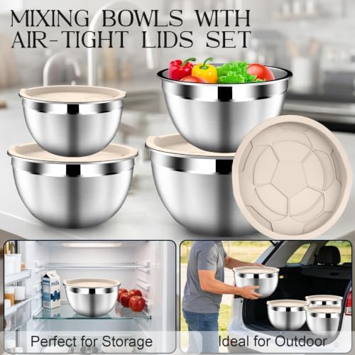 DUTZUN Stainles Steel Mixing Bowls with Lids Set, Stackable Metal Mixing & Serving Bowl with Strainer, 5-Piece - Beige - Image 3