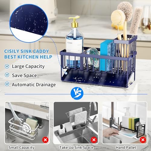 Cisily Navy Blue Sink Caddy Organzier with High Brush Holder, Sponge Holder for Sink, 304 Rustproof Stainless, Kitchen Countertop Soap Dispenser Organizer, Gray Blue Kitchen Decor and Accessories - Image 3