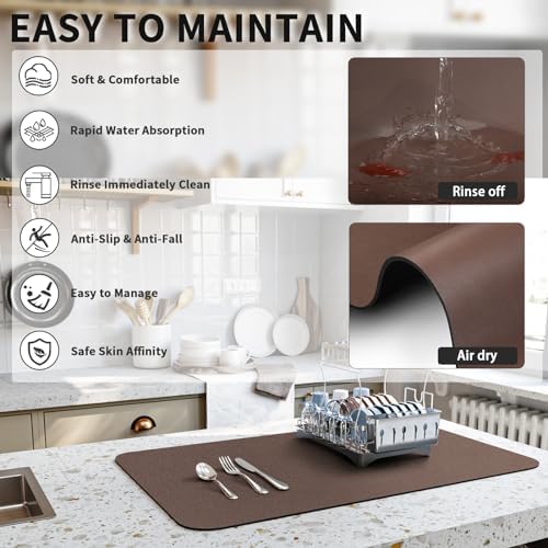 HotLive Dish Drying Mat for Kitchen Counter, Heat Resistant Drainer Mats with Non-slip Rubber Backed, Hide Stain Kitchen Super Absorbent Draining Mat, Easy to Clean Dish Rack Pad, Brown 18"x28" - Image 4