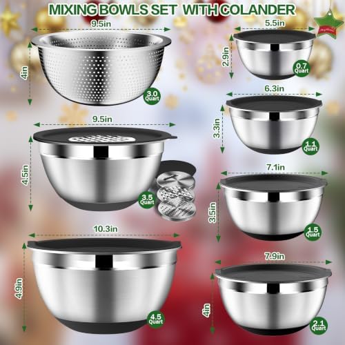 DUTZUN Mixing Bowls with Lids Set - 16pcs Stainless Steel Mixing Bowl Set with Colander, 3 Grater Attachments, Non-Slip Bottom, Metal Nesting Bowls with Strainer for Mixing & Serving - Black - Image 2