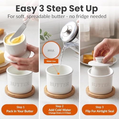Priority Chef Large Butter Crock with Lid with Water Line, Ceramic French Butter Dish to Leave On Counter, Holds 2 Sticks, White - Image 3