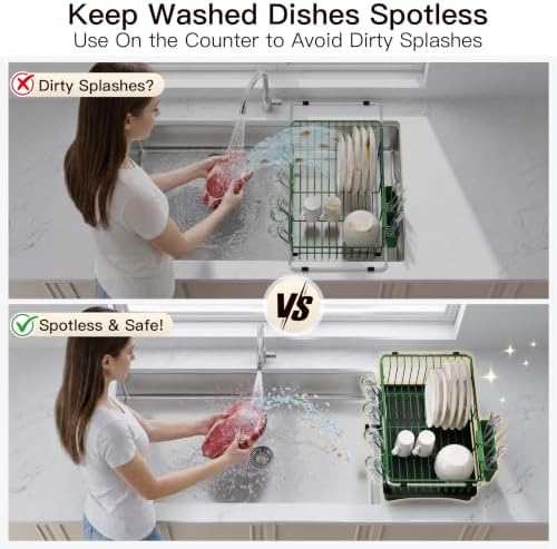 JASIWAY Green Dish Drying Rack in Sink with Drainboard and Utensil Holder - Image 4