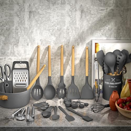 Umite Chef Silicone Kitchen Utensil Set, 34PCS Heat Resistant Kitchen Gadgets and Tools With Grater, Wood Handles for Nonstick Cookware (Dark Gray) - Image 2