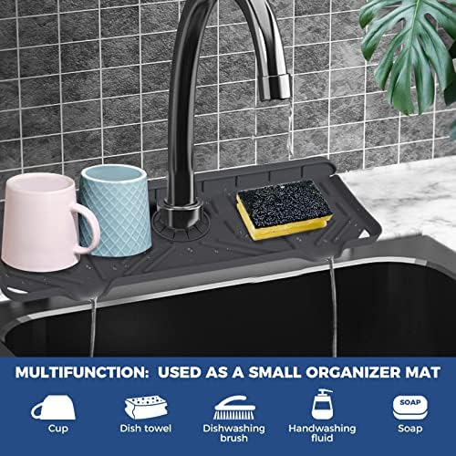 2 Pcs Silicone Faucet Handle Drip Catcher Tray Mat, 2 in 1 Dish Soap Sponge Holder for Kitchen Sink & Sink Splash Guard, Silicone Faucet Mat Drying Mat for Kitchen Sink Accessories, Counter, Bathroom - Image 3
