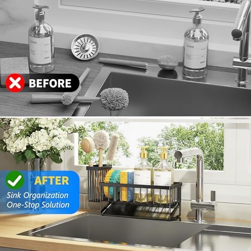 Cisily Sink Caddy Sponge Holder for Kitchen with Brush Holder and Stainless Steel Self Drain Tray, Rustproof Kitchen Sink Organizer for Sponge, Soap Dispenser Storage Accessories - Image 6
