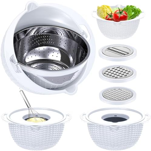 4-1 Strainer with Bowl Set - Rotatable Colander for Kitchen(Patented) - Strainers and Colanders - Pasta Strainer with New Upgraded Graters for Fruit Veggie Fun Kitchen Presents - White by Balavina