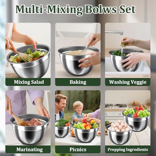 Nicdiet Mixing Bowls with Lids Set, 16PCS Stainless Steel Mixing Bowls,Nesting Storage Bowls for Kitchen with Mixing Bowl, Colander, Strainer & Grater, Metal Salad Bowl for Kitchen Gadgets, Black - Image 6
