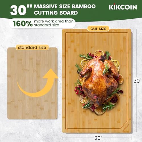 Kikcoin 30”×20” Bamboo Cutting Boards for Kitchen, Heavy Duty Wooden Cutting Boards, Healthy Extra Large Chopping Boards with Deep Juice Groove and Handle, Oversized Stove Top Cover, Natural - Image 2