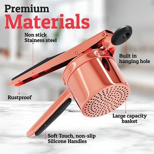 PriorityChef Large 15oz Potato Ricer, Heavy Duty Stainless Steel Potato Masher and Ricer Kitchen Tool, Press and Mash Kitchen Gadget For Perfect Mashed Potatoes - Everytime, Rose Gold and Black - Image 3